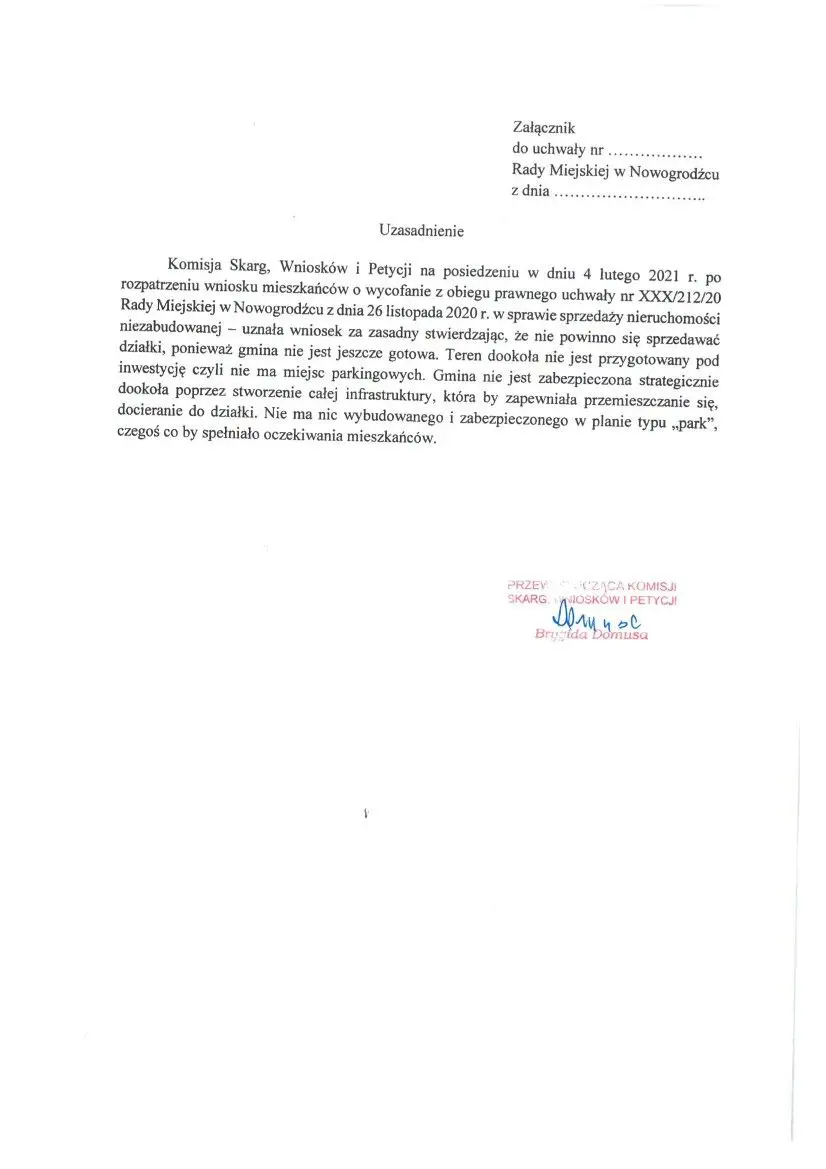 Projekt uchwały Rady Miejskiej w Nowogrodźcu