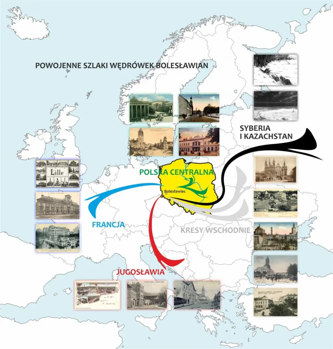 Mapa: Powojenne szlaki wędrówek osadniczych bolesławian