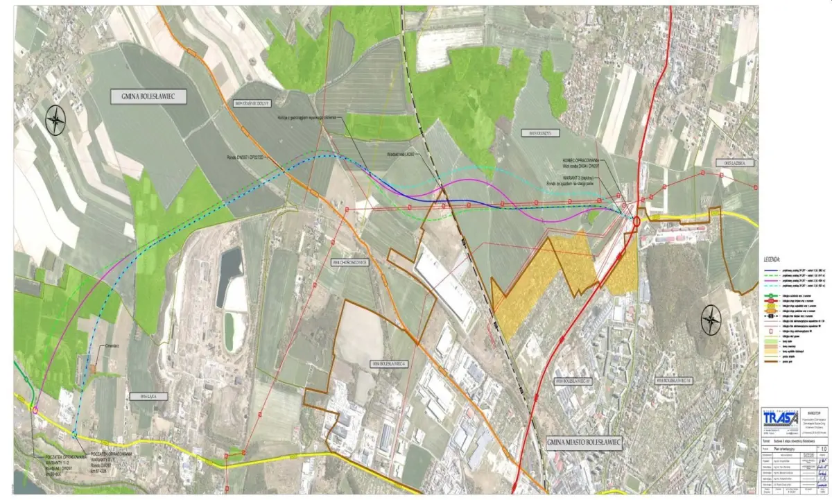 Mapa projektowa z 4 wariantami przebiegu obwodnicy wschodniej Bolesławca