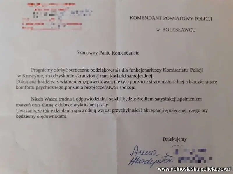 Odzyskana kosiarka i podziękowania