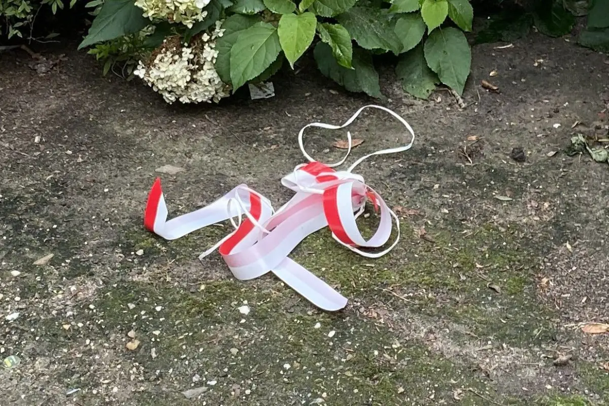 Wstążka, którą kobieta wyrzuciła na trawnik