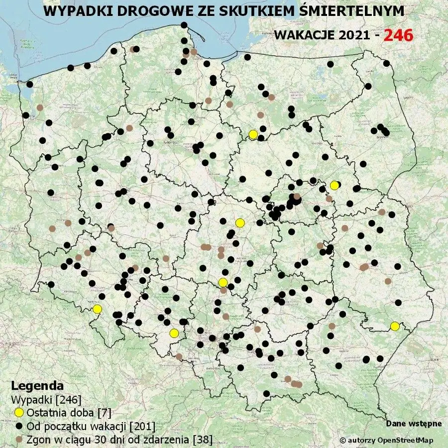 Policyjna mapa wakacyjnych wypadków drogowych ze skutkiem śmiertelnym