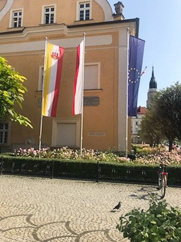 Flagi przy bolesławieckim ratuszu