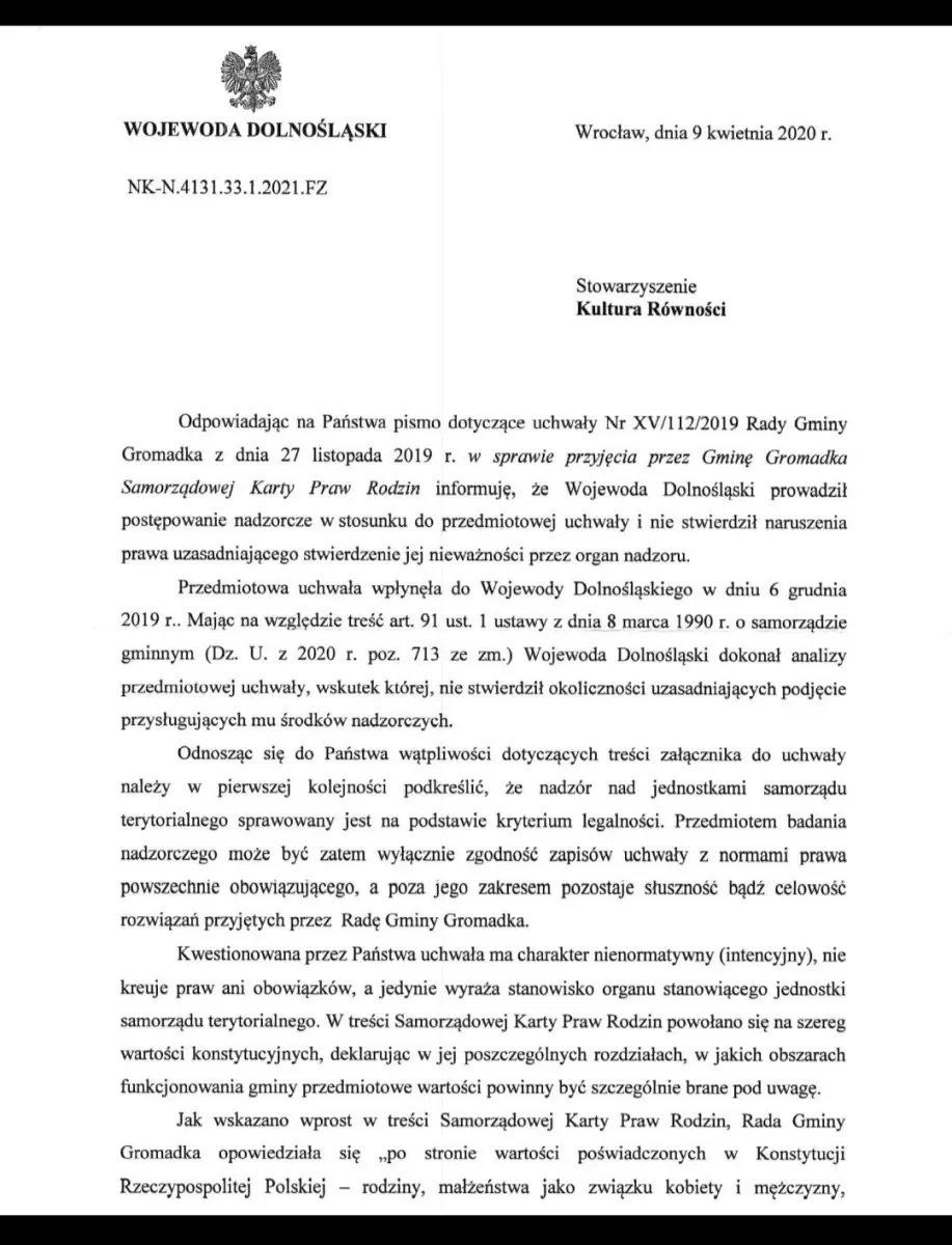 list Wojewody Dolnośląskiego dotyczący uchwalenia w gminie Gromadka Samorządowej Karty Praw Rodziny
