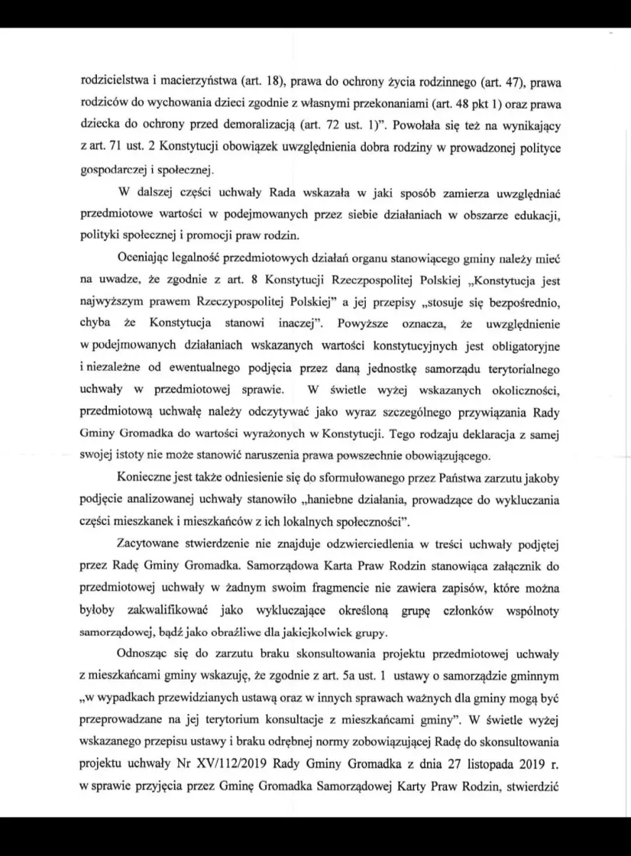 list Wojewody Dolnośląskiego dotyczący uchwalenia w gminie Gromadka Samorządowej Karty Praw Rodziny