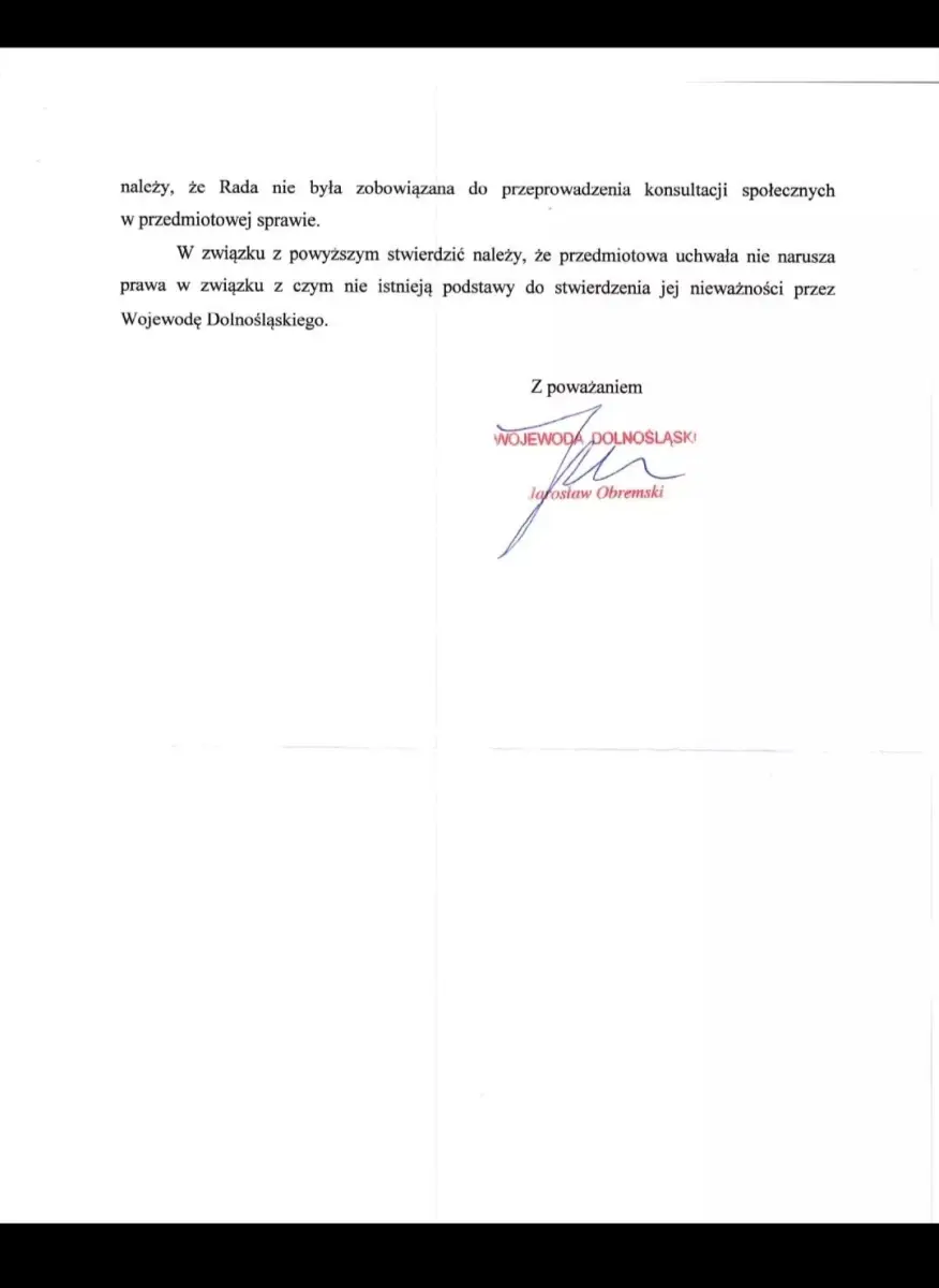 list Wojewody Dolnośląskiego dotyczący uchwalenia w gminie Gromadka Samorządowej Karty Praw Rodziny