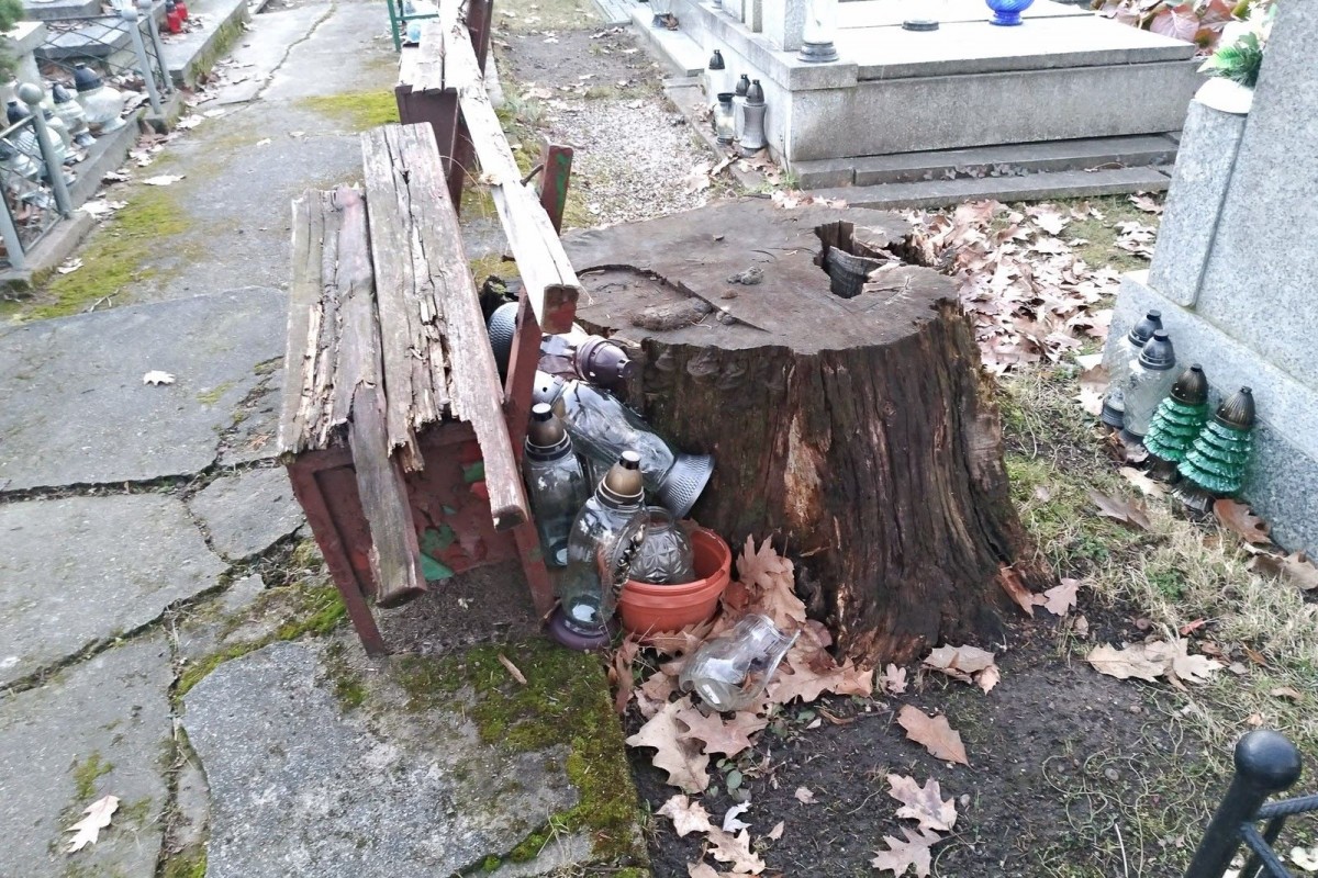 Nagrobek zadbany, a za nim schowane brudne szmaty i śmieci