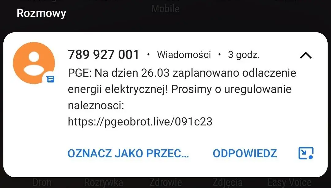 Fałszywy SMS od PGE