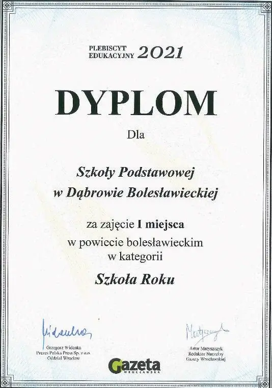 Dyplom dla Szkoły Podstawowej w Dąbrowie