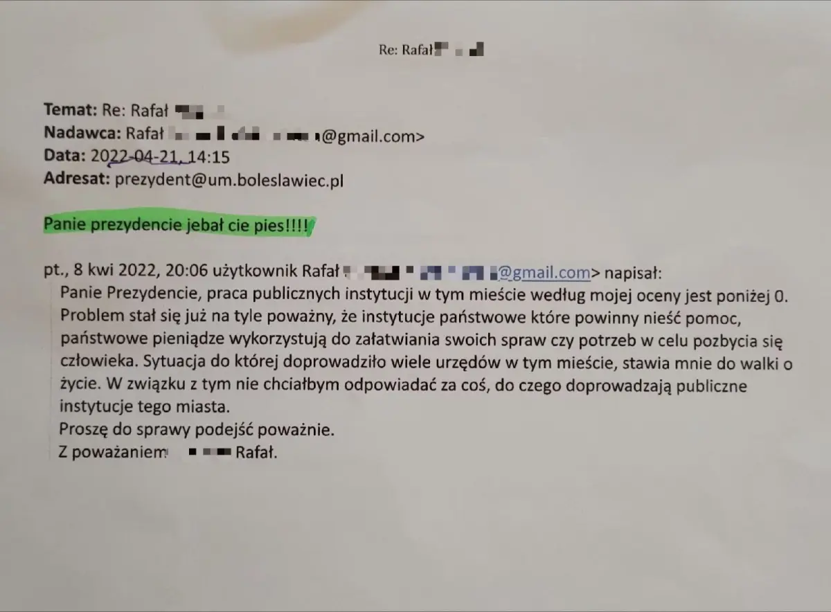 Wulgarny e-mail do prezydenta Piotra Romana