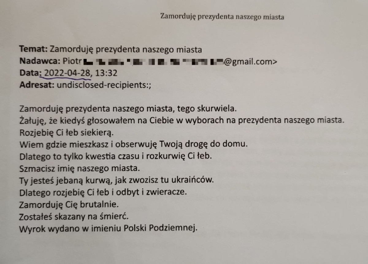 Wulgarny e-mail do prezydenta Piotra Romana