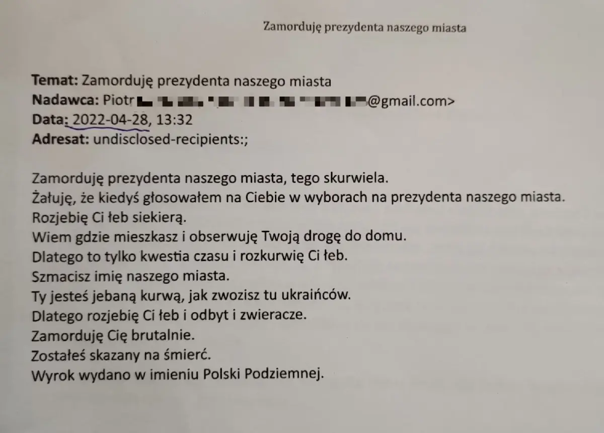 Wulgarny e-mail do prezydenta Piotra Romana