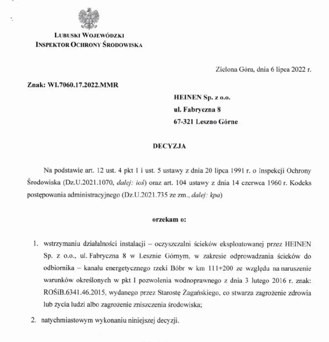 Decyzja lubuskiego WIOŚ