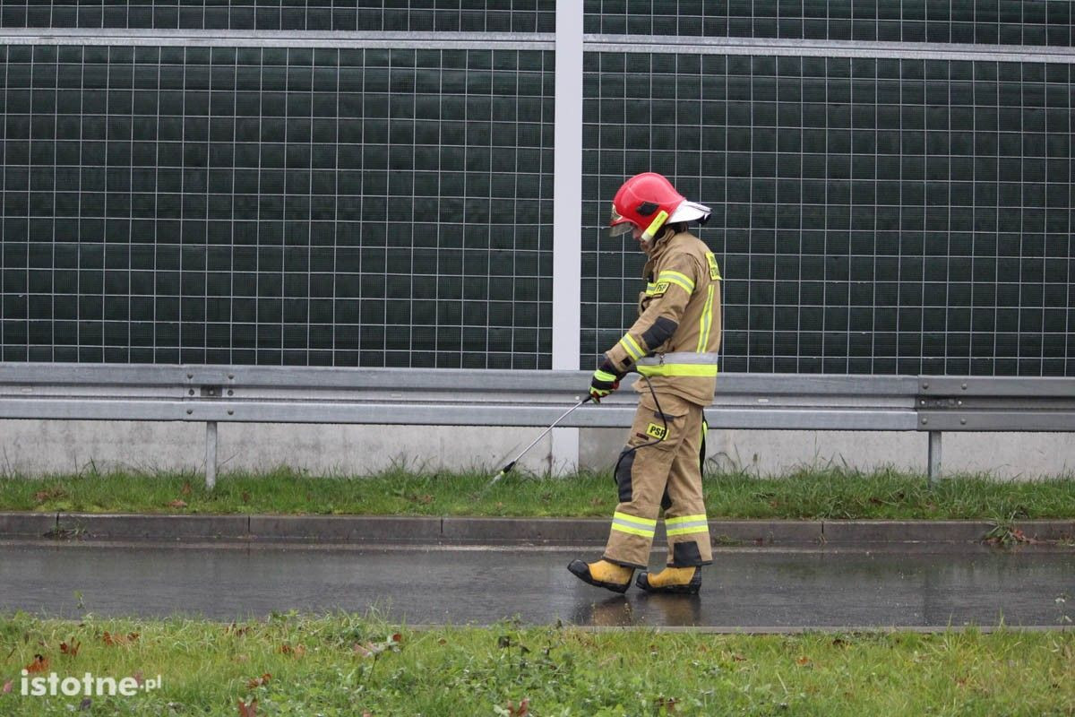 Śliska plama w pobliżu ronda przy ulicy Jeleniogórskiej w Bolesławcu