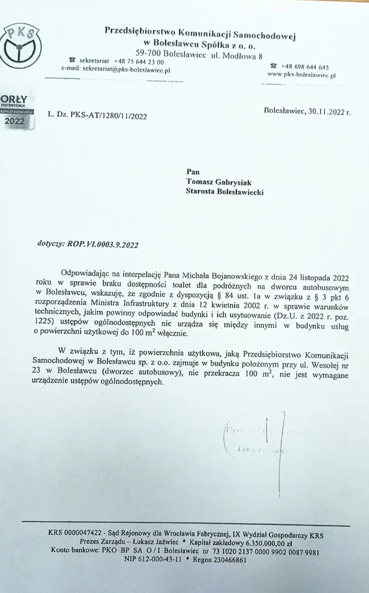 Interpelacja radnego Michała Bojanowskiego i odpowiedź prezesa PKS