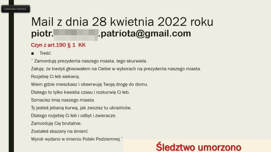 Hejterskie maile i wpis na Facebooku