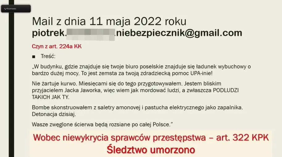 Hejterskie maile i wpis na Facebooku