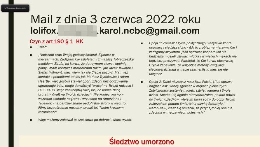 Hejterskie maile i wpis na Facebooku