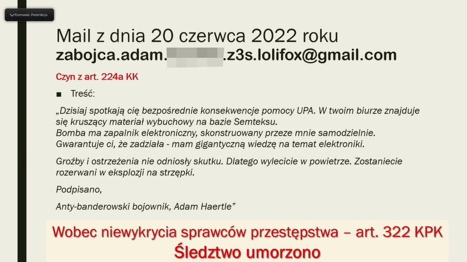 Hejterskie maile i wpis na Facebooku