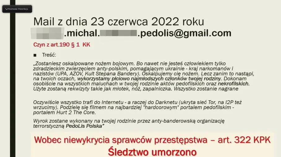 Hejterskie maile i wpis na Facebooku