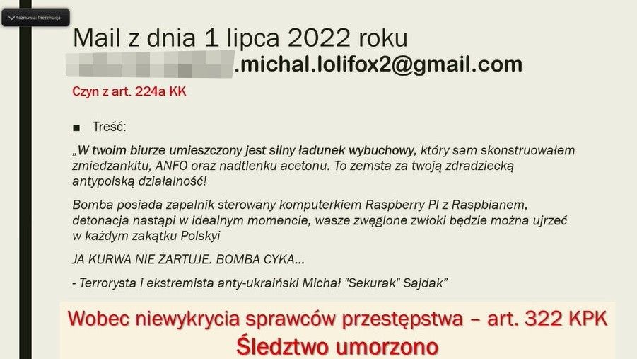 Hejterskie maile i wpis na Facebooku