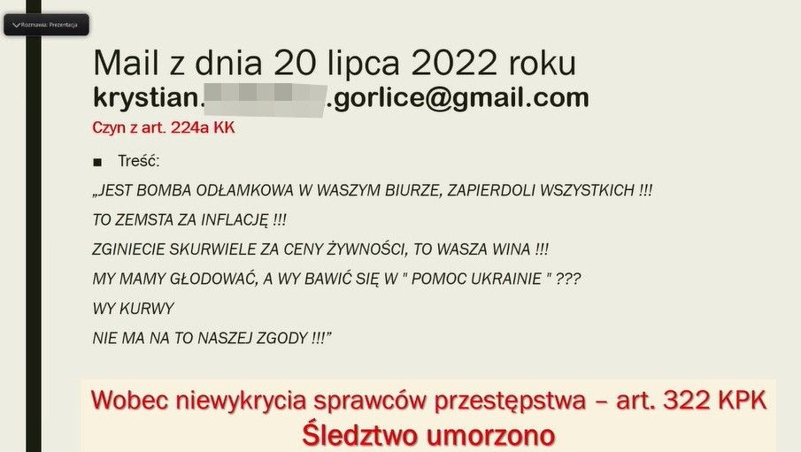 Hejterskie maile i wpis na Facebooku