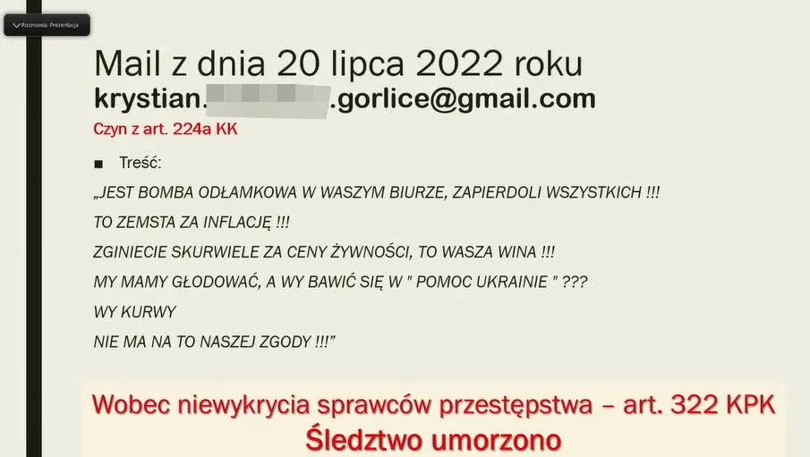 Hejterskie maile i wpis na Facebooku