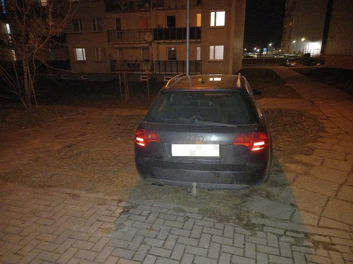 Samochody zaparkowane na trawnikach i klepiskach