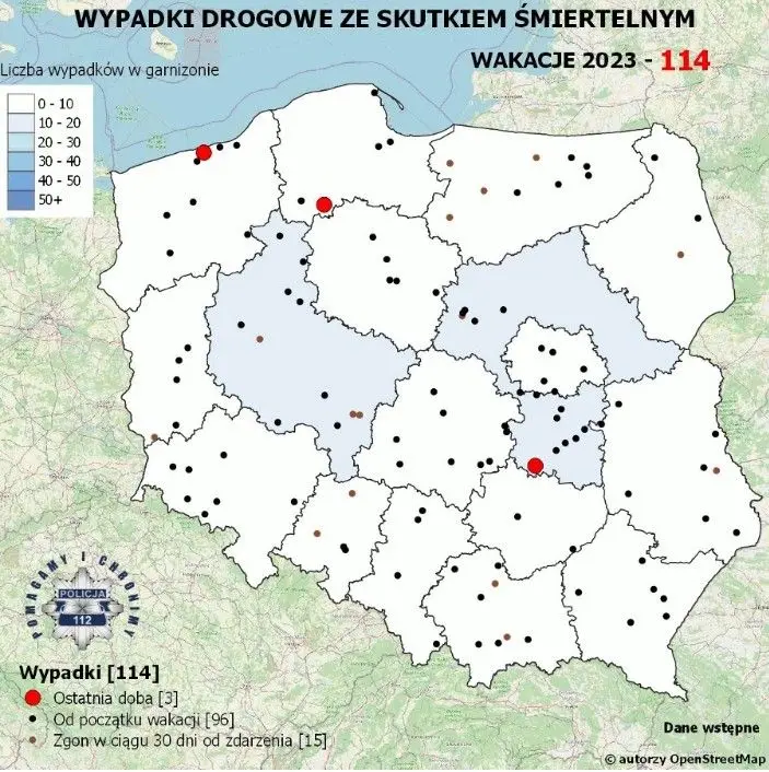 Mapa wypadków śmiertelnych od początku wakacji 2023.
