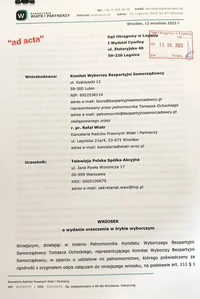 Wniosek o wydarzeni orzeczenia w trybie wyborczym przeciwko TVP