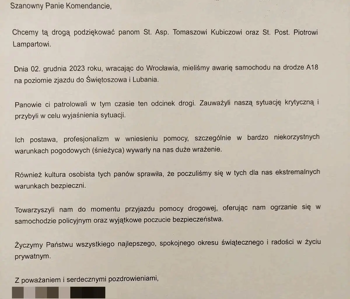 List z podziękowaniami dla bolesławieckich policjantów