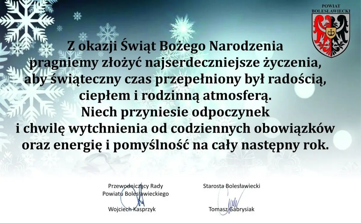 Życzenia świąteczne od Powiatu Bolesławieckiego
