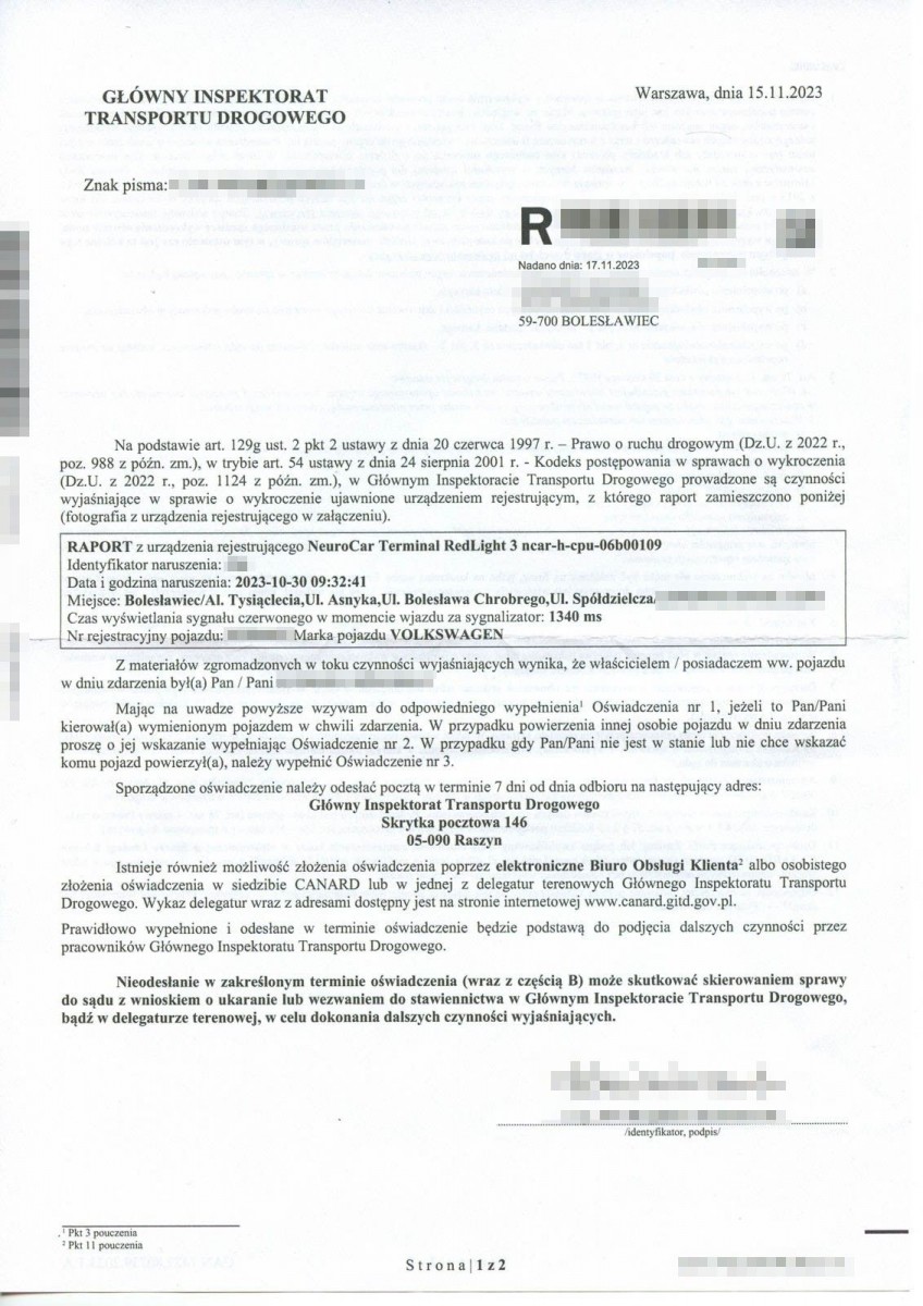 Raport mandatowy z rejestratora przejazdu na czerwonym świetle