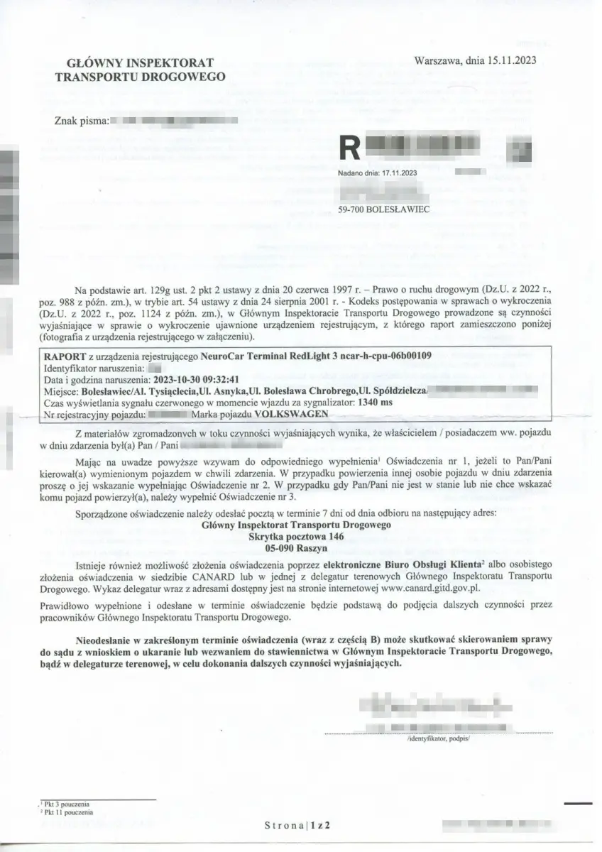 Raport mandatowy z rejestratora przejazdu na czerwonym świetle