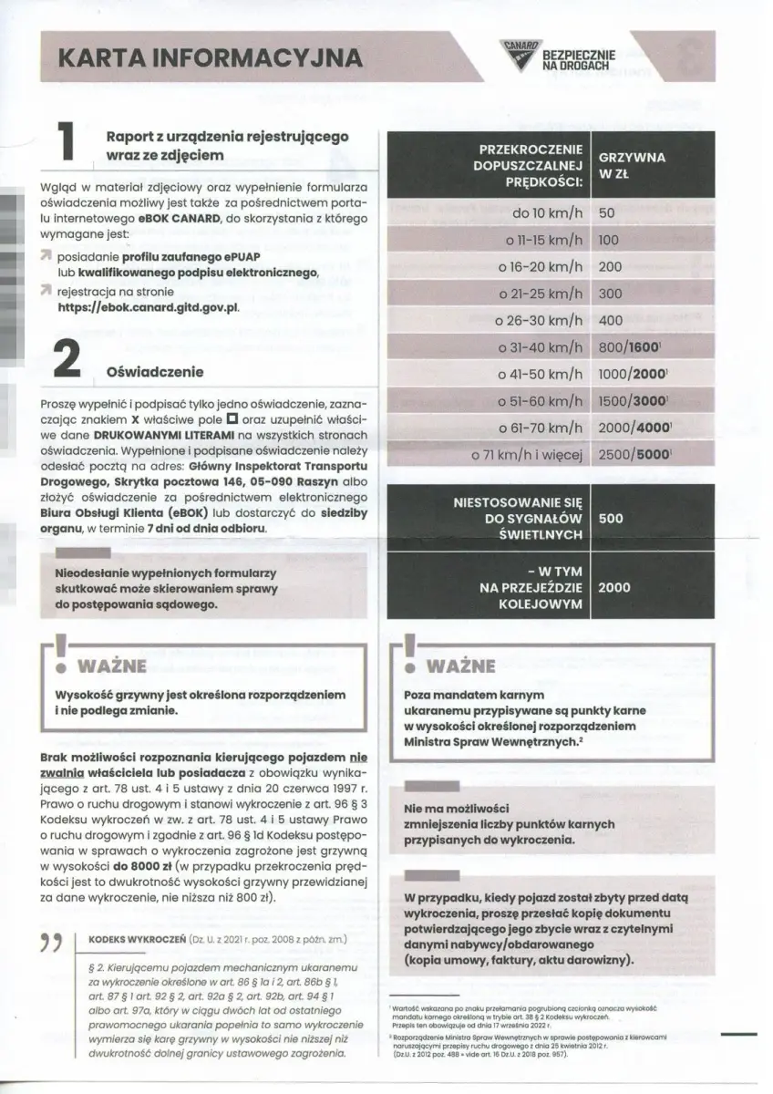 Raport mandatowy z rejestratora przejazdu na czerwonym świetle