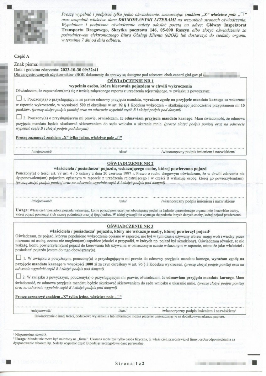 Raport mandatowy z rejestratora przejazdu na czerwonym świetle