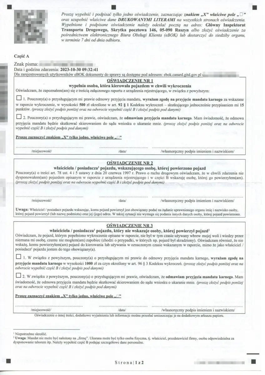 Raport mandatowy z rejestratora przejazdu na czerwonym świetle