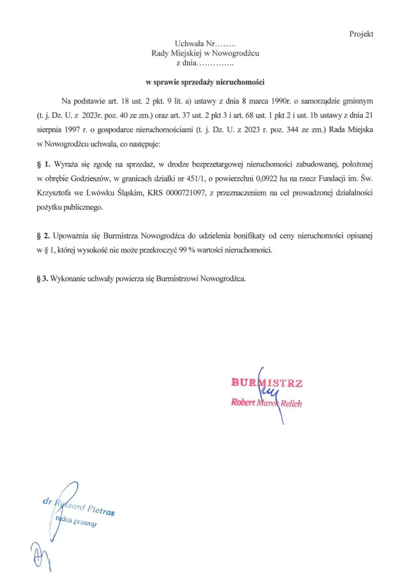 Проєкт ухвали щодо продажу нерухомості в Godzieszów