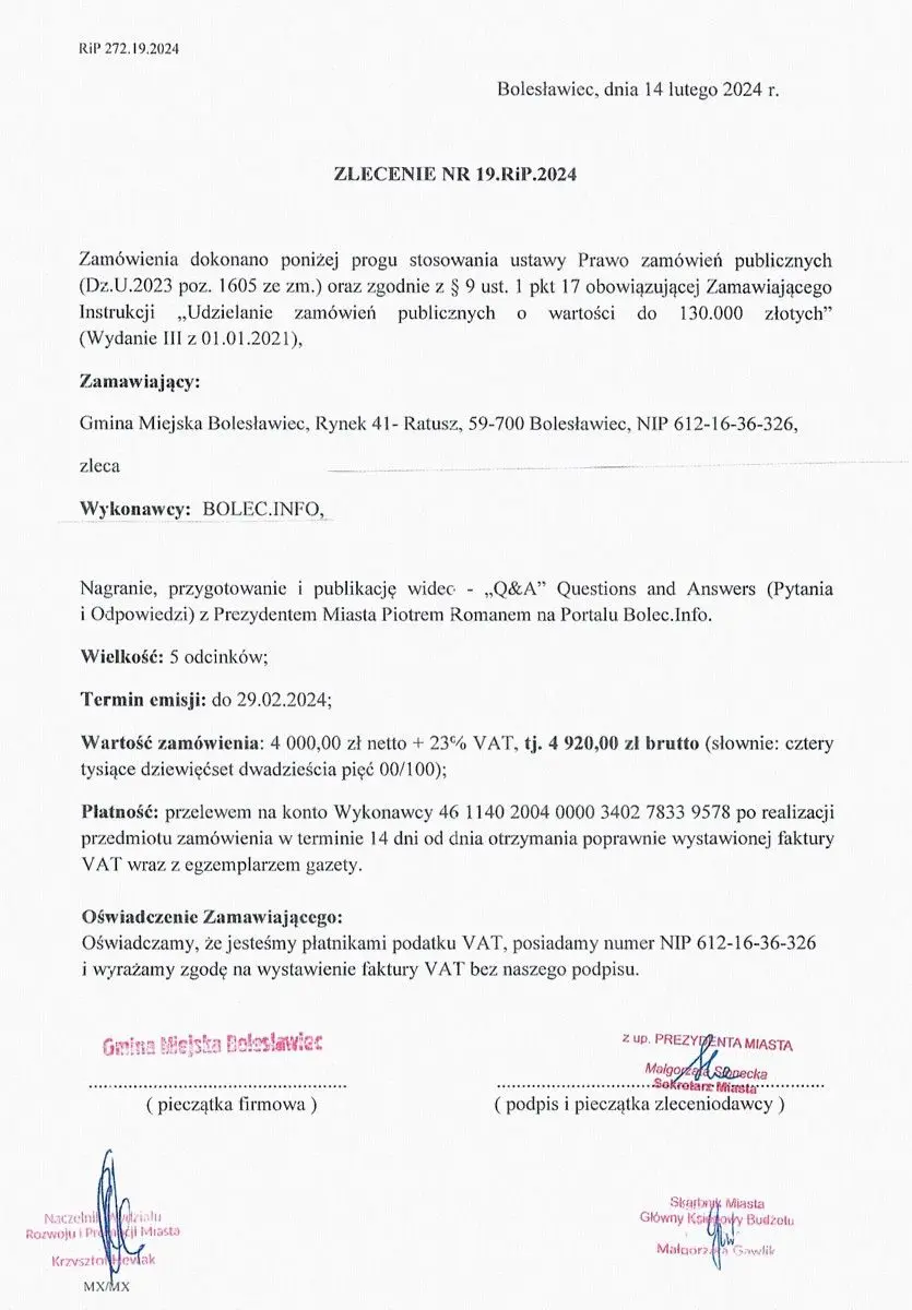 Kopia zlecenia na wywiad z prezydentem Bolesławca Piotrem Romanem