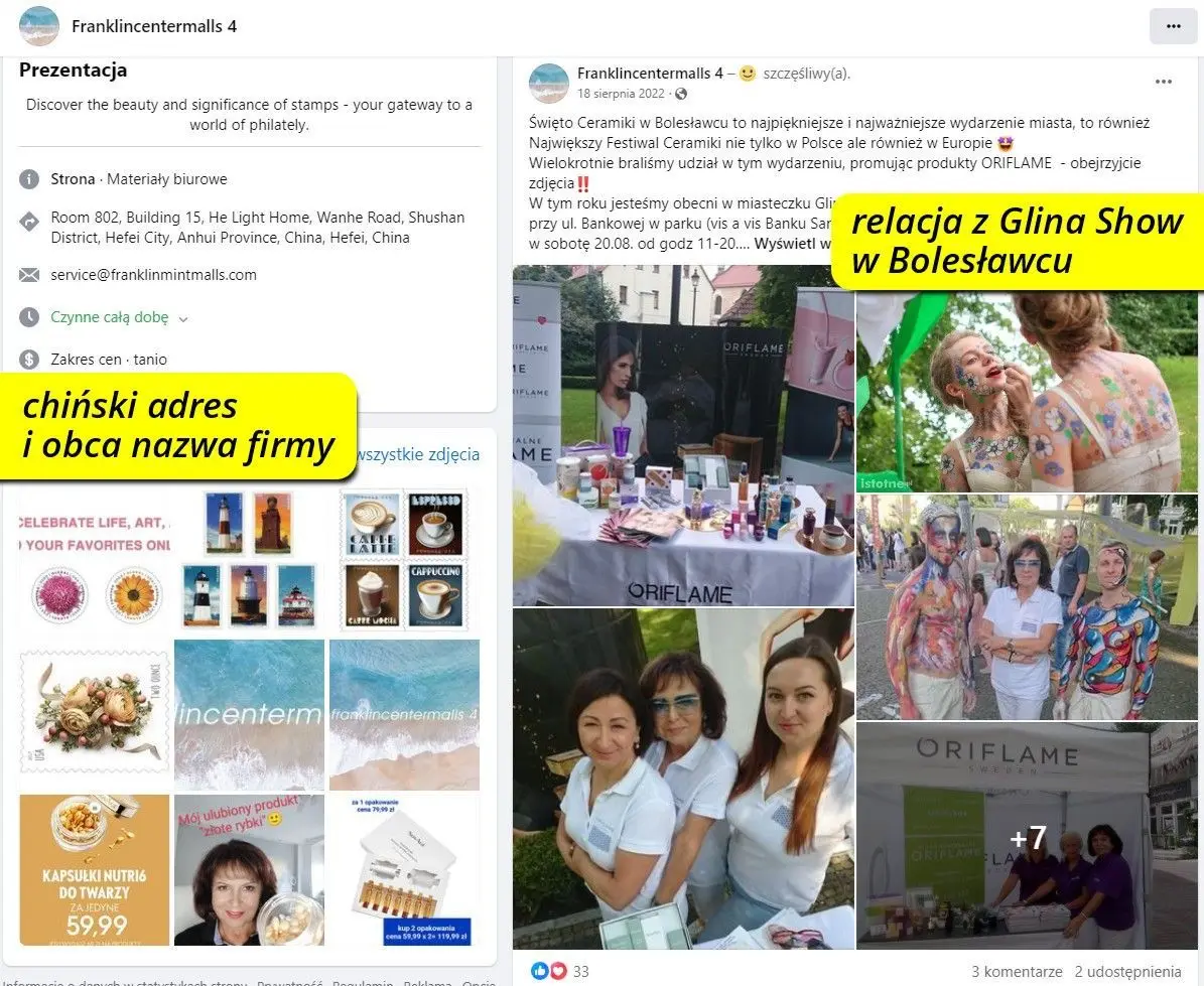 Pracowników facebooka nie przekonuje nawet to, że na profilu chińskiej firmy są relacje z wydarzeń w Bolesławcu, na których jest widoczna Anika Fiłon