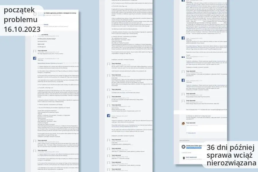 Korespondencja Aniki Fiłon z facebookiem. Przez 36 dni, po wysłaniu kilkunastu dokumentów, facebook nie podjął decyzji o przywróceniu konta