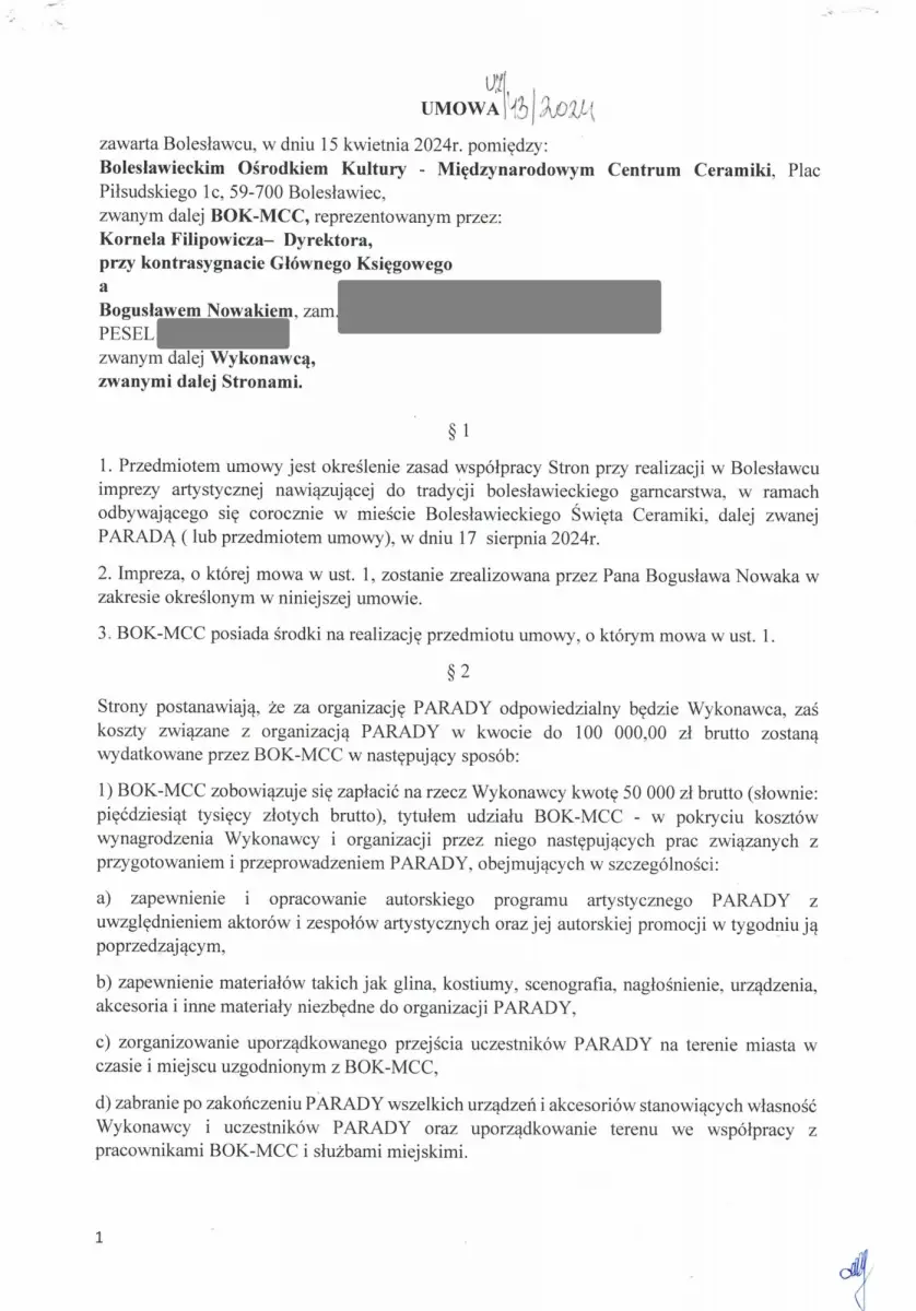 Umowa BOK - MCC z Bogusławem Nowakiem w sprawie organizacji parady