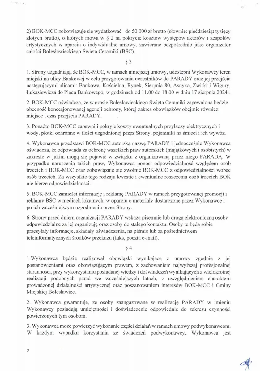 Umowa BOK - MCC z Bogusławem Nowakiem w sprawie organizacji parady