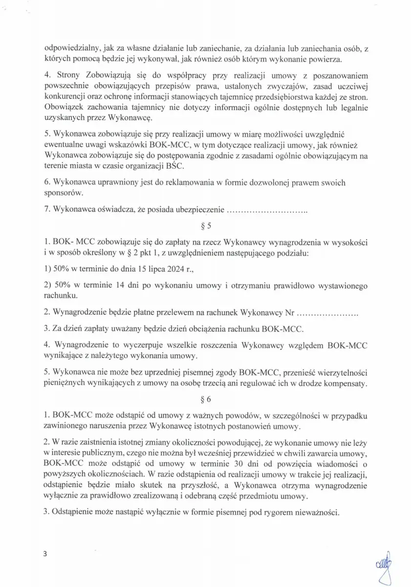 Umowa BOK - MCC z Bogusławem Nowakiem w sprawie organizacji parady