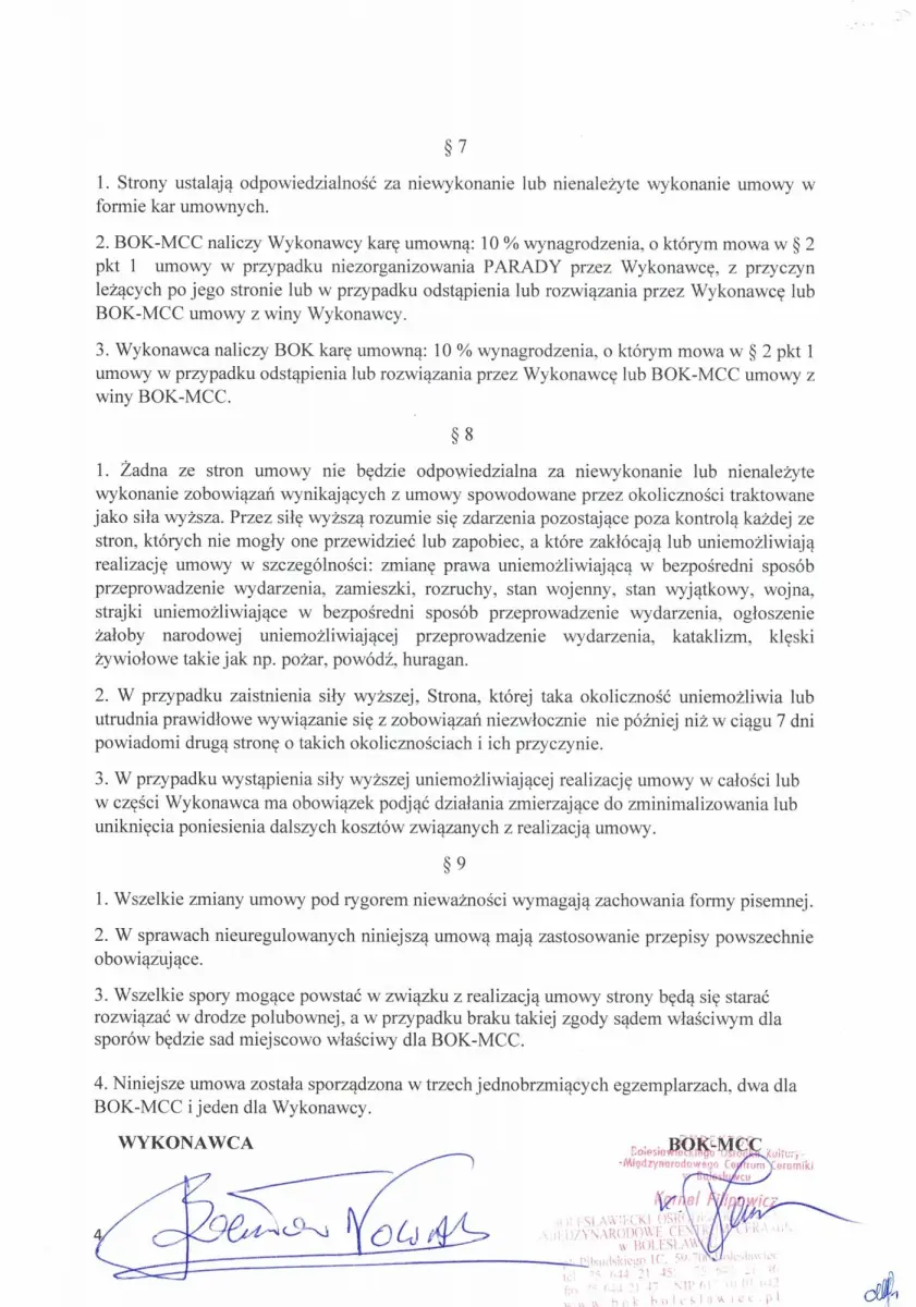 Umowa BOK - MCC z Bogusławem Nowakiem w sprawie organizacji parady
