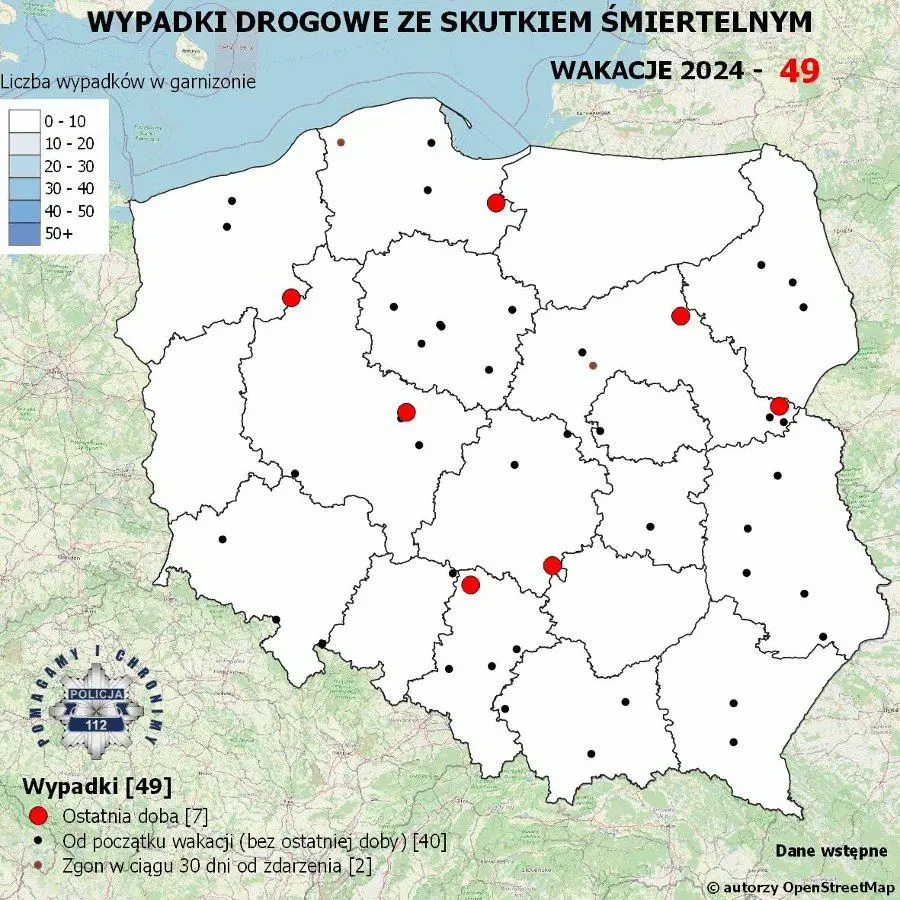 Policyjna mapa wypadków drogowych ze skutkiem śmiertelnym - Wakacje 2024