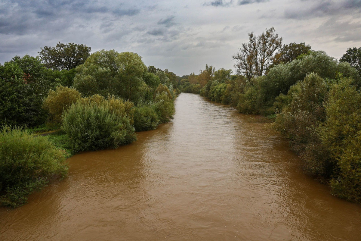 Wezbrana woda na rzece Bóbr w Bolesławcu
