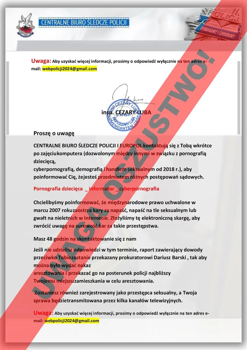 Dostałeś maila z „Centralnego Biura Śledczego Policji”? To oszustwo