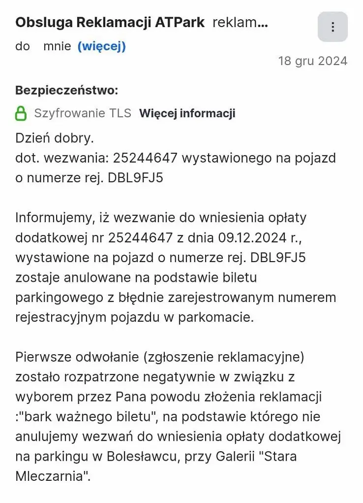 Odpowiedź na reklamację ATPark