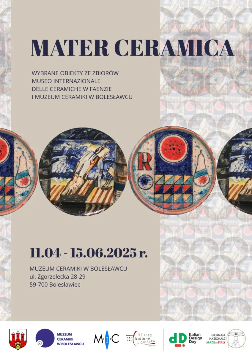 Plakat wystawy "Mater Ceramica – wybrane obiekty ze zbiorów Międzynarodowego Muzeum Ceramiki w Faenzie i Muzeum Ceramiki w Bolesławcu"